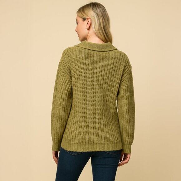 A060 ☼ Olive Textured Knit Collared Sweater - Picture 2 of 5